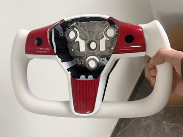 Model 3/Y Yoke Steering Wheel ( White and Red Center Carbon Fiber )