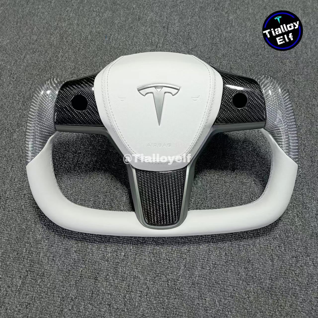 Model 3/Y Yoke Steering Wheel （White leather, silver and black glossy carbon） Tialloyelf