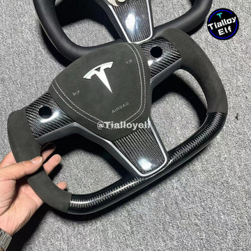 Model 3/Y Yoke Steering Wheel (Black Full Carbon Fiber) Tumbled Leather