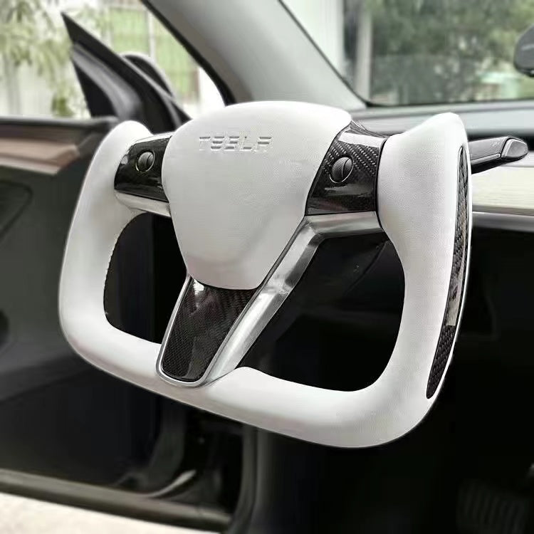 Model 3/Y Yoke Steering Wheel ( White Tesla Letters Full Carbon )